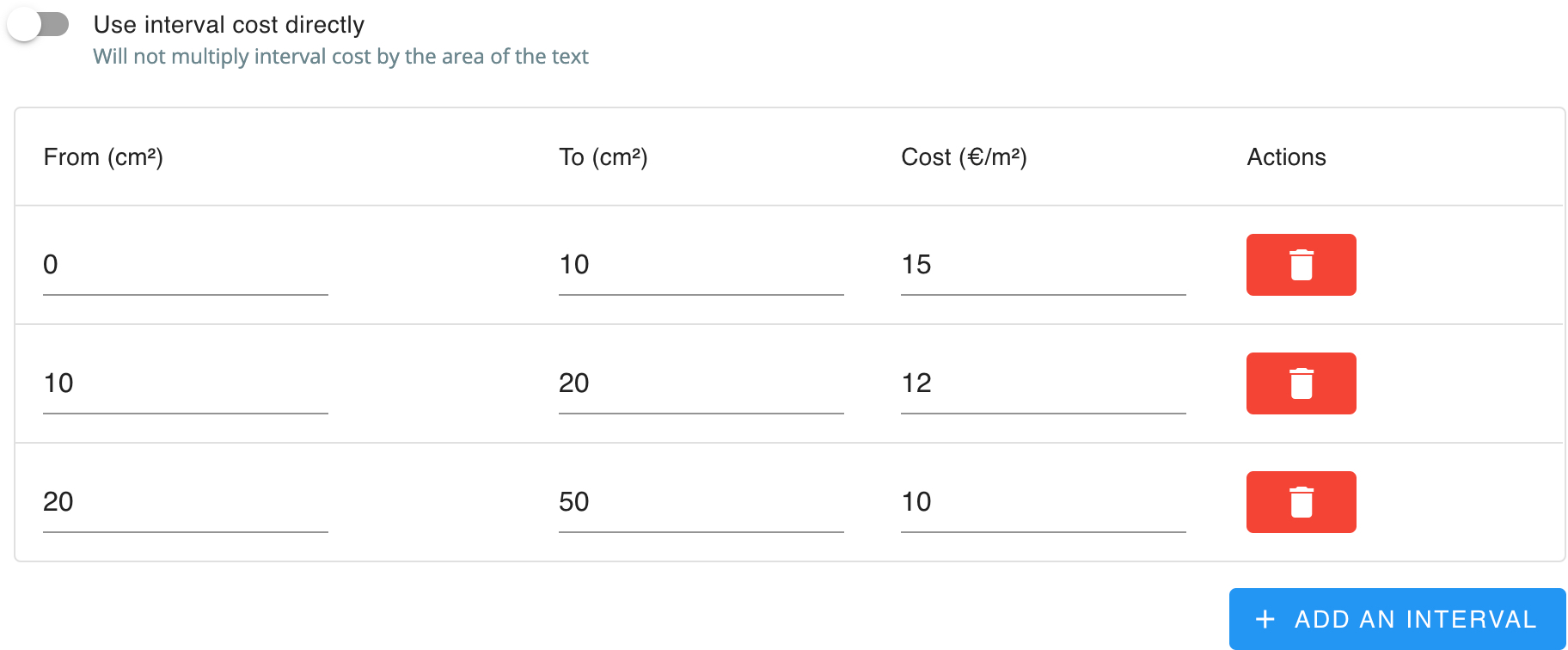 Text pricing intervals